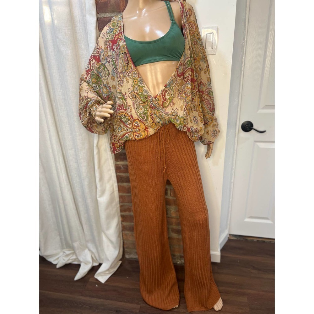 SNDYS Hendrix Ribbed Knit Drawstring Pants Burnt Orange Wide Leg Lounge Pants M - Picture 6 of 9